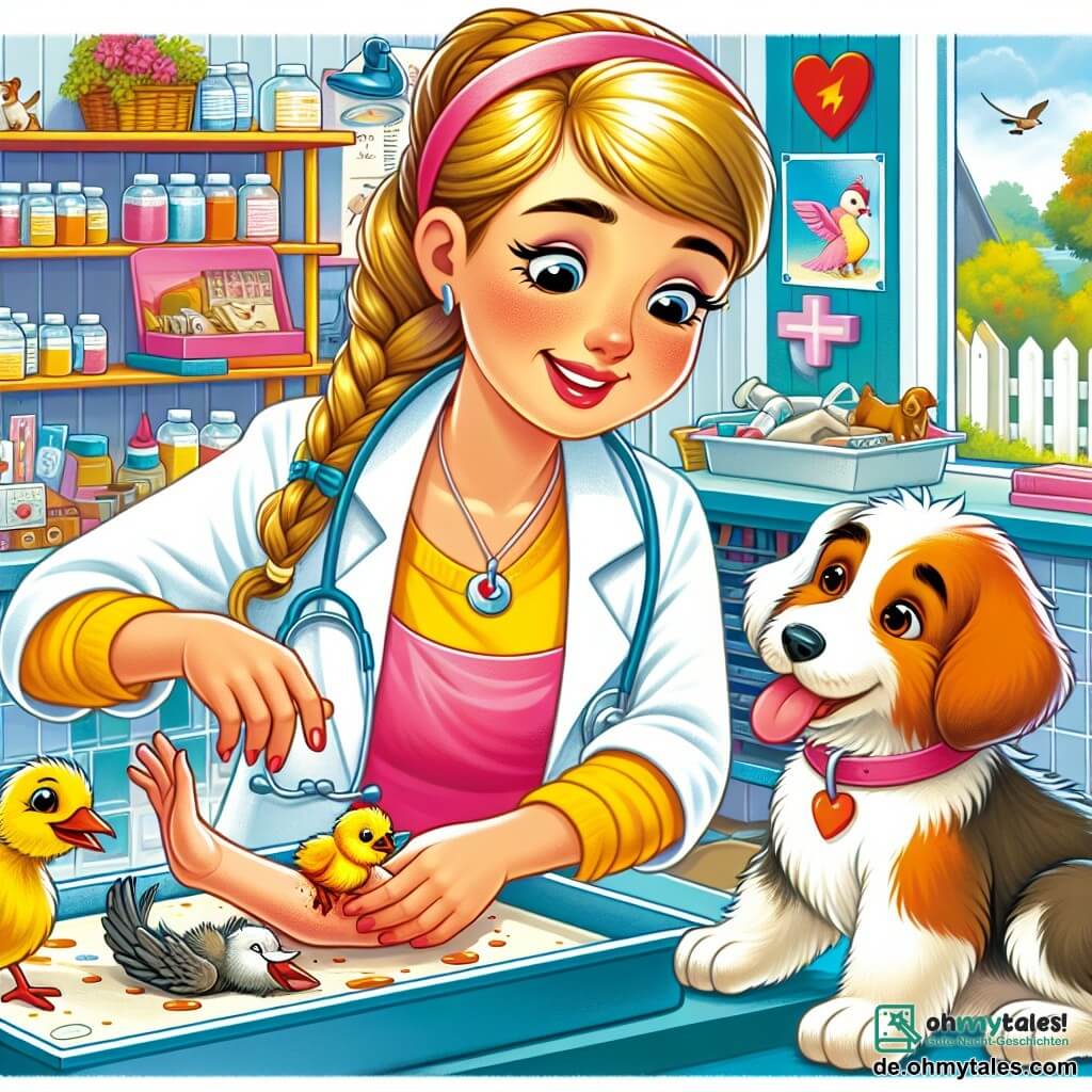 Une illustration destinée aux enfants représentant une jeune femme vétérinaire passionnée qui aide un petit oiseau blessé, accompagnée de son fidèle chien Benji, dans sa chaleureuse et colorée clinique vétérinaire de la petite ville de Himmeldorf.