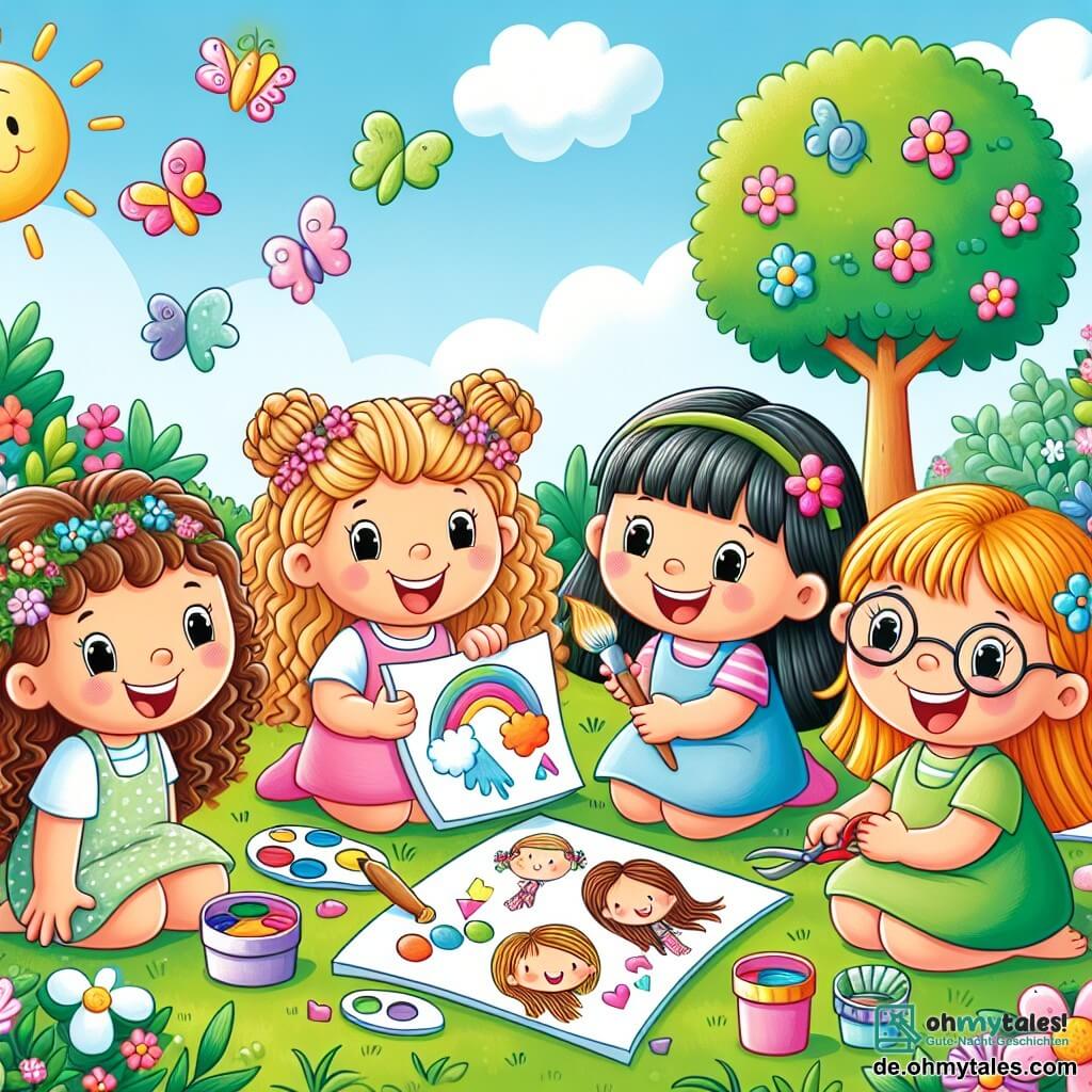 Illustration eines sonnigen Gartens, gefüllt mit bunten Blumen und grünen Bäumen. In der Mitte sitzen vier sechsjährige Mädchen, lächelnd und fröhlich, auf dem Gras. Eines von ihnen, mit lockigen braunen Haaren und einem rosa Kleid, hält einen Pinsel und ein großes Papier, auf dem sie lebendige Farben malt. Eine andere, mit geflochtenen blonden Haaren und einem blauen Kleid, zeigt stolz eine Zeichnung, die sie gerade gemacht hat. Die dritte, mit schwarzen Haaren und einer Brille, schneidet mit einer Schere Papierformen aus. Schließlich lacht die vierte, mit roten Haaren und einem grünen Kleid, und hält ein Tablett mit Keksen, die sie gemeinsam vorbereitet haben. Im Hintergrund ist ein kleiner Baum mit bunten Papiergirlanden geschmückt, und Vögel singen fröhlich. Die Atmosphäre ist erfüllt von Kreativität und Freundschaft und zeigt einen Moment des gemeinsamen Glücks ohne Bildschirme.
