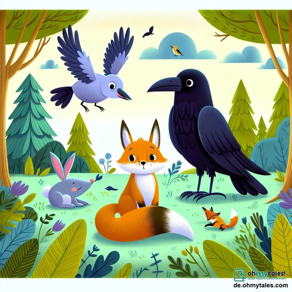 Une illustration destinée aux enfants représentant un corbeau malicieux, un lapin triste, un renard rusé et une clairière enchantée au cœur de la forêt.