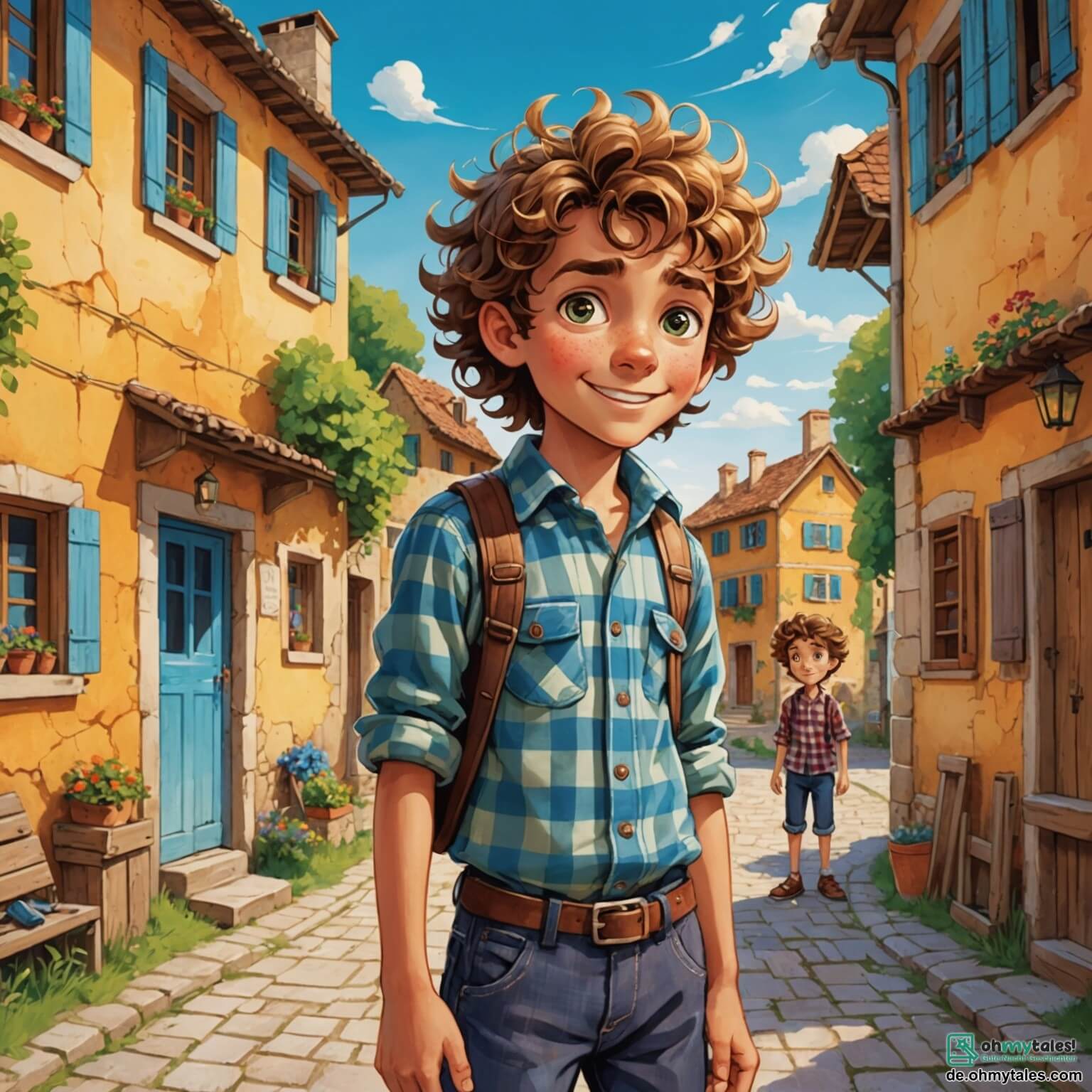 Une illustration destinée aux enfants représentant un garçon intrépide aux cheveux ébouriffés et aux yeux pétillants de curiosité, vêtu d'une chemise à carreaux et d'un pantalon usé, se tenant au centre d'un village pittoresque aux maisons colorées aux volets en bois, entouré de ses amis, une fille aux boucles dorées et un garçon au sourire espiègle, tous trois se lançant dans une enquête palpitante pour retrouver un mystérieux voisin disparu, tandis que des fleurs éclatantes dansent au gré du vent et que les grands arbres ombragent les ruelles pavées, créant une atmosphère à la fois magique et pleine de mystères à résoudre.