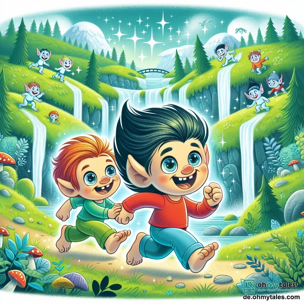Une illustration destinée aux enfants représentant un petit troll garçon aux yeux pétillants dans une course folle à travers le magique royaume de Trollantien, accompagné de son meilleur ami troll garçon, à la recherche de nouvelles aventures rigolotes parmi les collines verdoyantes et les cascades scintillantes.