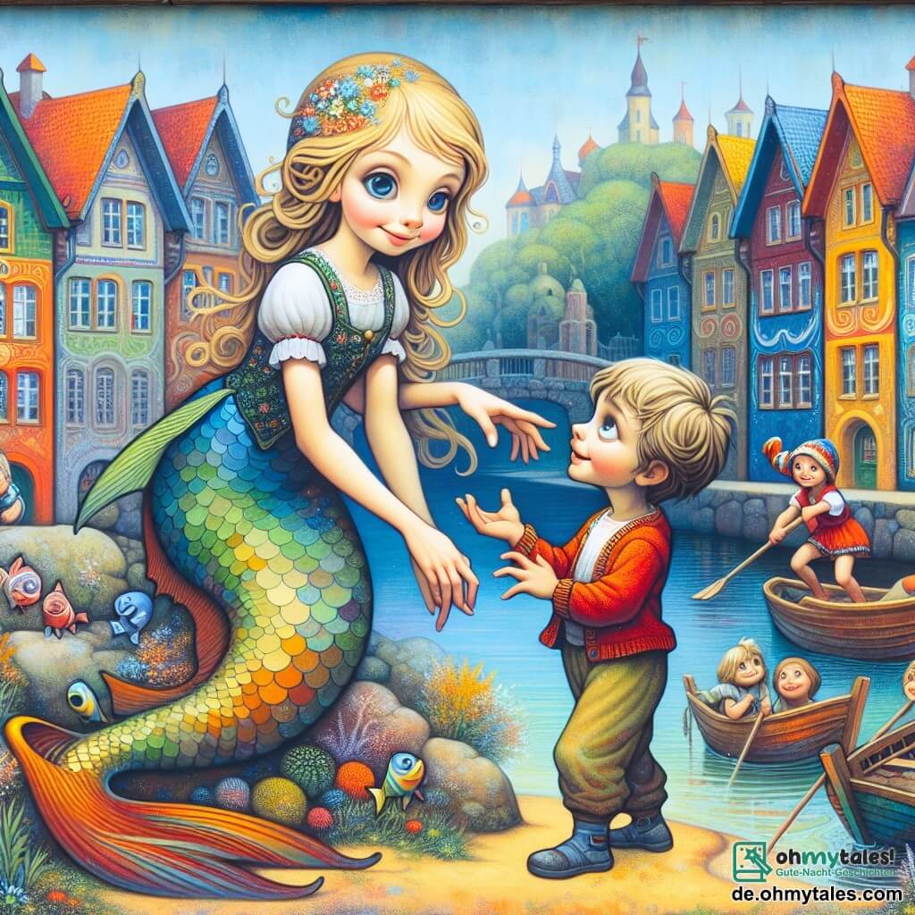 Une illustration destinée aux enfants représentant une sirène fillette rigolote se liant d'amitié avec un jeune garçon curieux, au cœur d'un village côtier pittoresque bordé de maisons colorées et de bateaux de pêche.