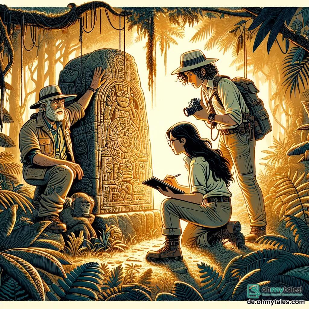 Une illustration sous forme de dessin destinée aux enfants représentant une dense jungle tropicale, où un homme aux cheveux bruns et bouclés, portant un chapeau de paille et des vêtements d'exploration, s'agenouille avec émerveillement devant une grande pierre ornée de symboles mystérieux, tandis qu'une femme aux cheveux longs et noirs, vêtue d'une chemise légère, prend des notes dans un carnet, et un jeune homme aux lunettes et à la peau claire observe attentivement avec une caméra, le tout baigné dans une lumière dorée filtrée par les feuillages, capturant l'excitation de leur découverte archéologique.