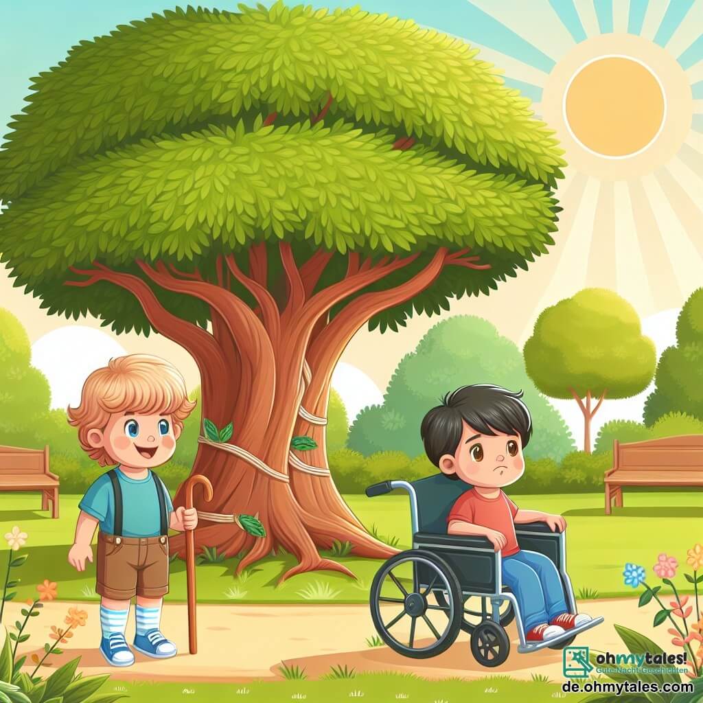 Une illustration destinée aux enfants représentant un garçon curieux, un garçon en fauteuil roulant, sous un grand arbre majestueux dans un parc ensoleillé.