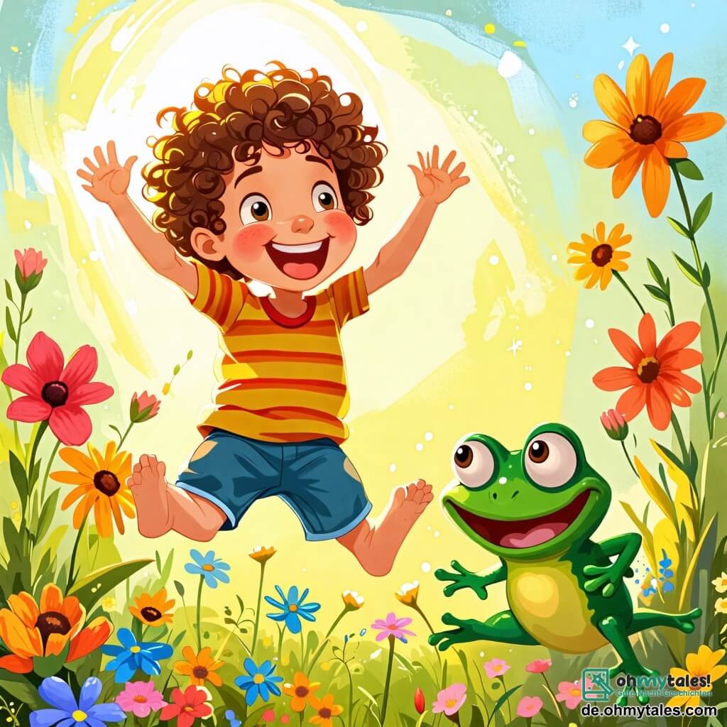 Une illustration sous forme de dessin destinée aux enfants représentant un jardin ensoleillé rempli de fleurs colorées, où un petit garçon de 2 ans aux cheveux bouclés et aux yeux pétillants saute de joie, levant les bras en l'air, tandis qu'à ses côtés, un drôle de petit frosch vert avec de grands yeux ronds et un sourire malicieux fait des bonds joyeux, le tout dans une ambiance ludique et amusante, illustrant leur amitié et leur jeu de sauts ensemble.