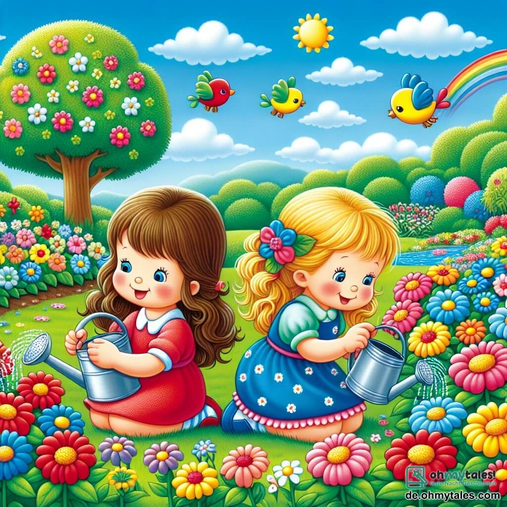Illustration eines Gartens im vollen Frühling, gefüllt mit bunten Blumen in leuchtenden Rot-, Gelb- und Blautönen. In der Mitte knien zwei junge Mädchen, das eine etwa 6 Jahre alt mit langen braunen Haaren und einem rosa Kleid, das andere etwa 5 Jahre alt mit blonden Zöpfen und einem blauen Kleid mit weißen Punkten, im grünen Gras. Sie gießen Blumen mit kleinen Metallgießkanne. Der Himmel ist strahlend blau, durchzogen von ein paar flauschigen weißen Wolken, und ein kleiner bunter Vogel fliegt fröhlich über ihnen. Im Hintergrund vervollständigt ein majestätischer Baum mit grünen Blättern und ein kleiner Teich, in dem bunte Fische schwimmen, die frühlingshafte Szene. Die Atmosphäre ist fröhlich und voller Leben und zeigt das Staunen der Kinder über die erwachende Natur.