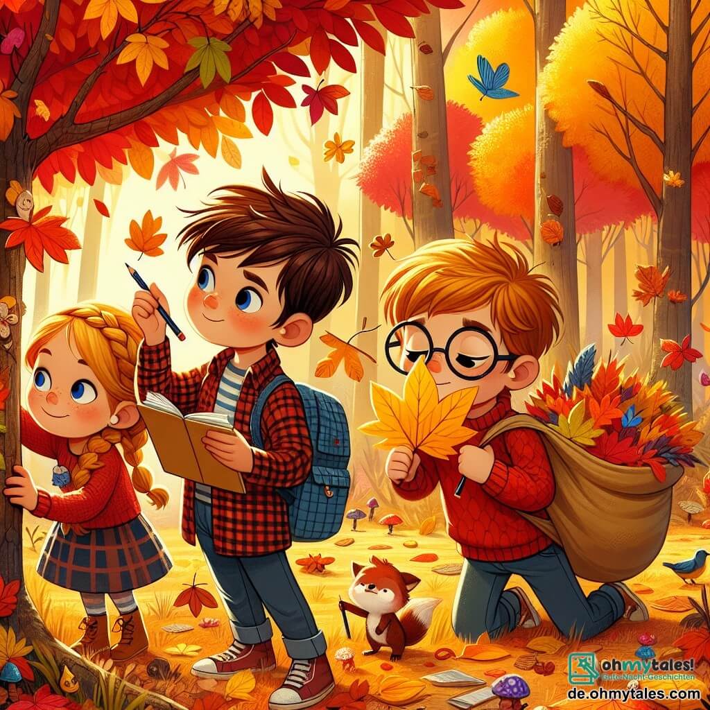 Illustration einer herbstlichen Szene in einem bunten Wald, wo die Bäume mit leuchtenden Blättern in Rot-, Orange- und Gelbtönen geschmückt sind. Am Boden knirscht ein Teppich aus toten Blättern unter den Schritten der Kinder. Im Mittelpunkt des Bildes stehen drei Freunde: ein etwa 10-jähriger Junge mit zerzausten braunen Haaren und einem karierten Hemd, der ein Notizbuch und einen Bleistift hält und aufmerksam einen Baum beobachtet. Neben ihm steht ein 9-jähriges Mädchen mit geflochtenen blonden Haaren und einem roten Pullover, das lächelt und ein wunderschönes goldenes Blatt hochhält, das es gerade aufgelesen hat. Schließlich gibt es einen weiteren 8-jährigen Jungen mit Brille und kastanienbraunen Haaren, der unter dem Gewicht eines großen Rucksacks voller Blätter und kleiner Schätze der Natur zusammenbricht. Die Hauptsituation zeigt die Kinder in voller Erkundung, fasziniert von der Schönheit des Herbstes. Sie bewundern die lebendigen Farben der Natur und sind bereit, ihre Entdeckungen festzuhalten. Im Hintergrund sind Tiere wie ein neugieriges Eichhörnchen und ein bunter Vogel zu sehen, die dieser friedlichen Szene Leben verleihen. Sonnenstrahlen filtern durch die Äste und tauchen die gesamte Szene in ein sanftes goldenes Licht.