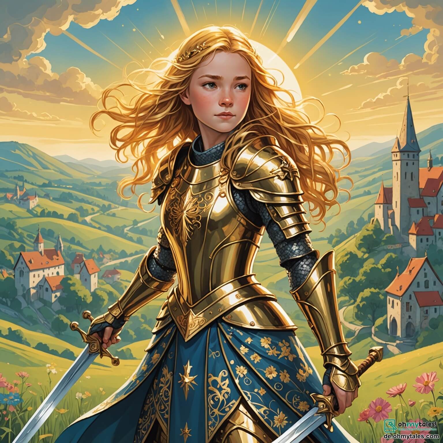 Une illustration destinée aux enfants représentant une courageuse chevaleresse aux cheveux dorés flottant comme des rayons de soleil, vêtue d'une armure étincelante ornée de motifs floraux, brandissant fièrement son épée scintillante au sommet d'une colline verdoyante surplombant un village paisible, où se tiennent ses fidèles amis, un jeune garçon au regard pétillant de bravoure et une fille à l'esprit vif, tous deux prêts à l'accompagner dans une quête épique pour sauver leur royaume d'un mal ancien, tandis que le ciel se teinte de couleurs éclatantes au crépuscule, illuminant les majestueux châteaux en pierre et les forêts enchantées qui les entourent.