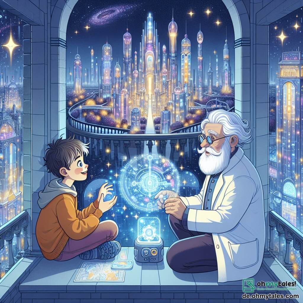 Une illustration sous forme de dessin destinée aux enfants représentant une ville futuriste aux bâtiments en verre scintillant et aux jardins lumineux, avec un garçon de 9 ans aux cheveux ébouriffés et aux yeux pétillants, assis sur une balustrade flottante, tenant un petit appareil holographique qui projette une carte mystérieuse, tandis qu'un homme âgé au long manteau blanc, avec une barbe grise et des lunettes rondes, l'observe avec un sourire bienveillant, tous deux plongés dans la découverte d'un secret caché sous la ville.
