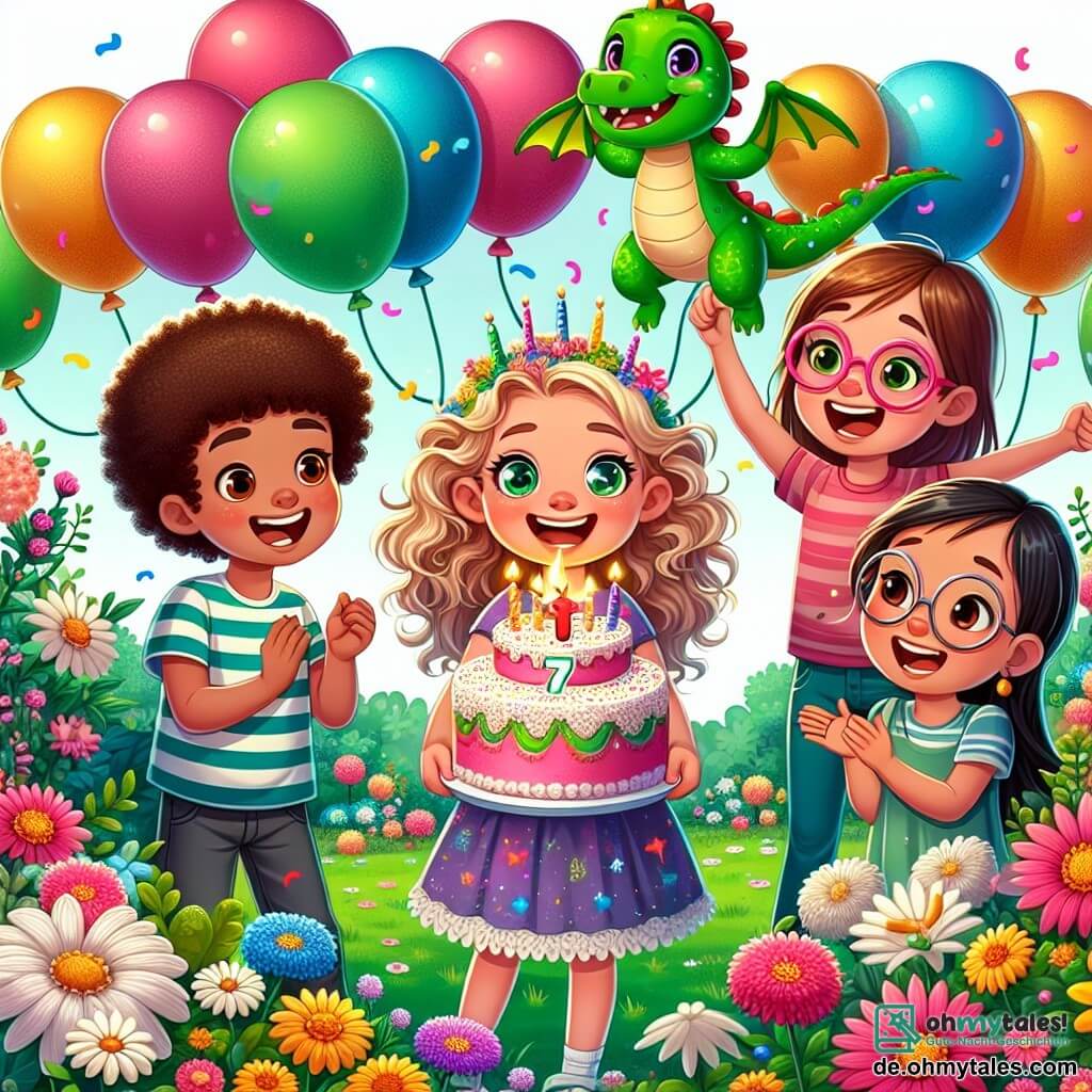 Une illustration sous forme de dessin destinée aux enfants représentant un jardin coloré rempli de fleurs éclatantes et de ballons flottants, où une fille de 7 ans aux cheveux blonds bouclés et aux yeux pétillants, vêtue d'une robe joyeuse, sourit en tenant un grand gâteau d'anniversaire décoré de bougies, entourée de ses amis : un garçon aux cheveux bruns qui porte un t-shirt rayé et une fille aux cheveux châtains avec des lunettes, tous deux riant et applaudissant, tandis qu'un petit dragon vert aux écailles brillantes vole joyeusement au-dessus d'eux, ajoutant une touche de magie à cette célébration d'anniversaire inoubliable.