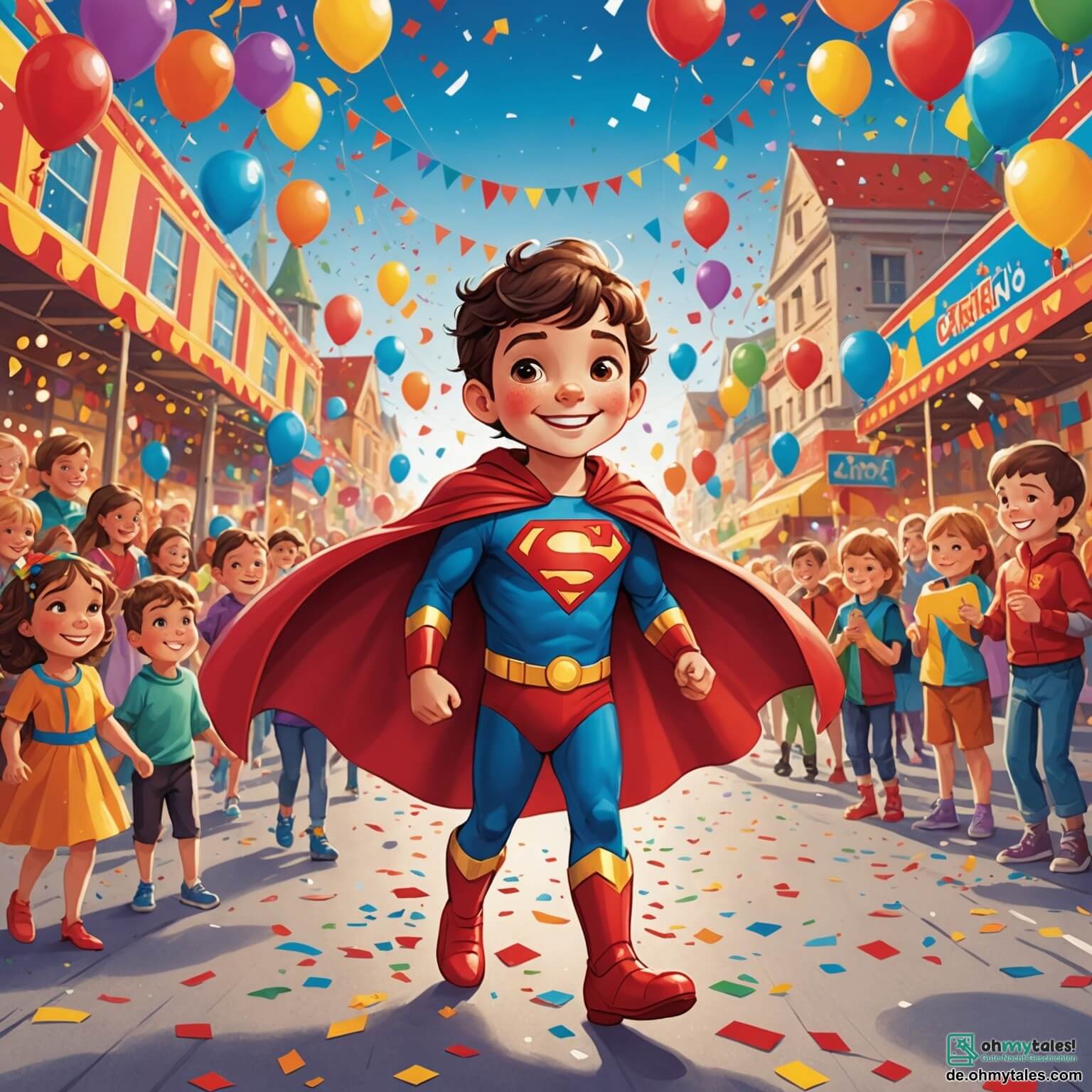 Une illustration destinée aux enfants représentant un petit garçon aux yeux pétillants et au sourire éclatant, vêtu d'un costume de super-héros flamboyant avec un cape rouge flottant au vent, qui se trouve au cœur d'un carnaval coloré où des confettis dansent dans l'air et où des chars décorés de fleurs et de lumières défilent, tandis qu'à ses côtés, sa meilleure amie, une petite fille en robe de princesse scintillante, rit et s'amuse au milieu d'une foule joyeuse qui chante et danse sous un ciel bleu éclatant.