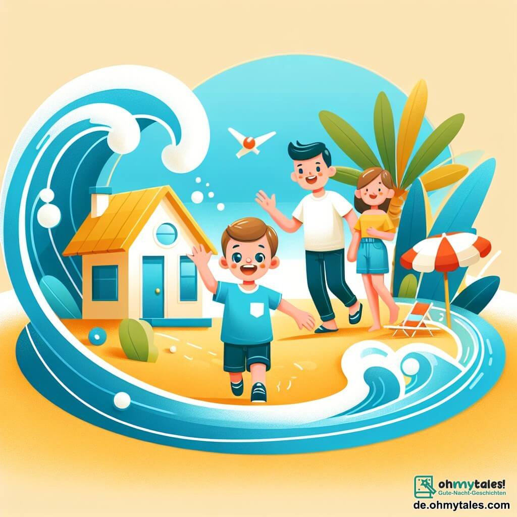 Une illustration destinée aux enfants représentant un petit garçon excité en vacances d'été, accompagné de ses parents, découvrant un petit et chaleureux ferienhaus en bord de mer, avec le sable doré et les vagues bleues en arrière-plan.