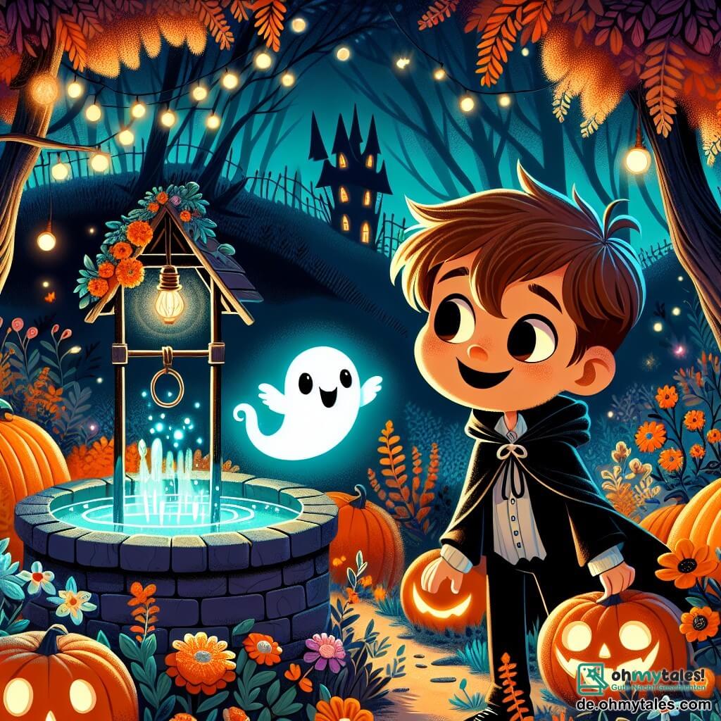 Une illustration sous forme de dessin destinée aux enfants représentant un jardin mystérieux d'Halloween, rempli de fleurs lumineuses et d'arbres aux ombres dansantes, où un garçon de 11 ans aux cheveux bruns en bataille, portant un costume de fantôme et un sourire d'excitation, se tient aux côtés d'un petit esprit lumineux avec un visage amical, alors qu'ils découvrent ensemble un ancien brun d'eau scintillant, entouré de géants de citrouilles et de doux éclats de lumière, dans une ambiance magique et enchanteresse, prête à révéler les secrets de la nuit d'Halloween.