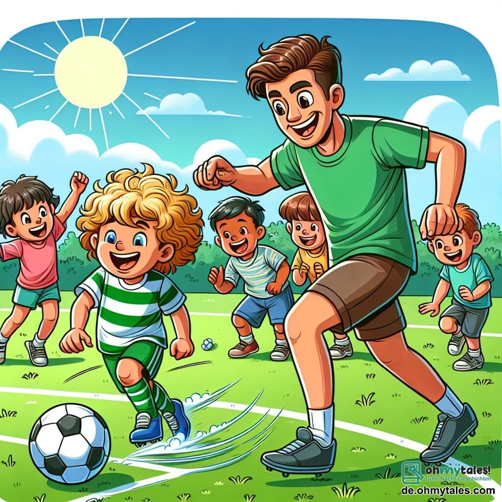 Une illustration sous forme de dessin destinée aux enfants représentant un terrain de football verdoyant, ensoleillé, avec un homme athlétique aux cheveux bruns et courts, souriant et en train de montrer des techniques de dribble à un groupe de jeunes enfants, dont un garçon aux cheveux blonds et bouclés qui s'exclame de joie en réussissant à marquer un but, tandis que d'autres enfants, garçons et filles, rient et applaudissent autour d'eux, capturant l'esprit de camaraderie et de plaisir du jeu.