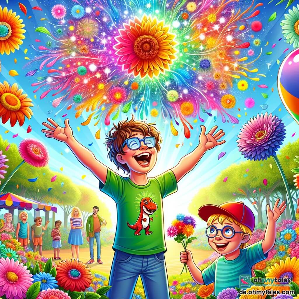 Illustration einer lebhaften Szene in einem sonnigen Park, gefüllt mit bunten Blumen und strahlenden Blättern von Bäumen. In der Mitte steht ein lächelnder Mann mit unordentlichen braunen Haaren und einem grünen T-Shirt mit Dinosaurier-Muster, die Arme zum Himmel erhoben, umgeben von einer Aura strahlender Farben, die von ihm ausgehen. An seiner Seite lacht ein etwa 7-jähriger Junge mit einer roten Mütze und Brille, der einen bunten Ballon hält, der fröhlich über seinem Kopf schwebt. Im Hintergrund schauen Erwachsene und Kinder unterschiedlichen Alters und Stils mit Staunen auf die bunten Veränderungen ihrer Umgebung, während riesige blumenförmige Kuchen um sie herum stehen. Die Atmosphäre ist fröhlich und verspielt, erfüllt mit Lachen und Farbexplosionen, die die Magie des Lachens und der Freundschaft illustrieren.