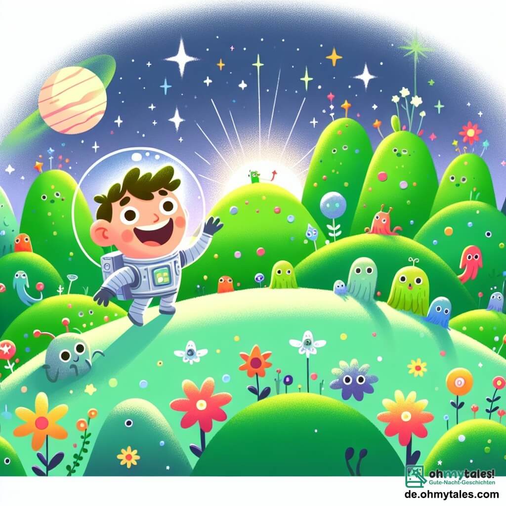 Une illustration sous forme de dessin destinée aux enfants représentant un magnifique paysage d'un nouveau monde extraterrestre, avec des collines verdoyantes et des fleurs lumineuses sous un ciel étoilé, où un homme aux cheveux bruns et aux yeux pétillants, vêtu d'une combinaison spatiale argentée, explore joyeusement le terrain, tandis qu'un groupe de petits animaux colorés aux yeux ronds et curieux l'entoure, tous fascinés par sa présence, capturant l'instant magique de la découverte d'un nouvel univers.