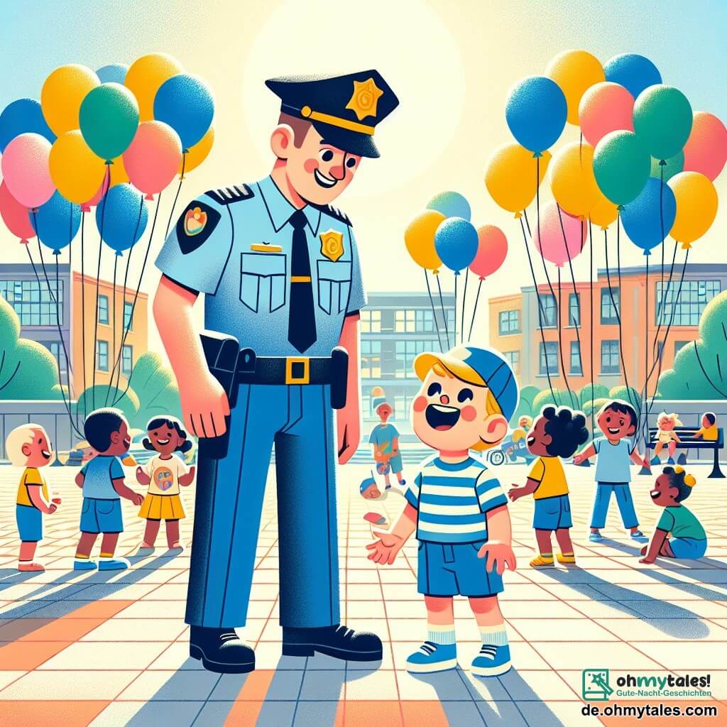 Une illustration sous forme de dessin destinée aux enfants représentant une grande place ensoleillée, ornée de nombreux ballons colorés flottant dans l'air, où un policier homme en uniforme bleu, avec une casquette brillante et un sourire chaleureux, se tient debout en train de parler avec un petit garçon aux yeux curieux, portant un t-shirt rayé et un short, qui l'écoute attentivement tout en riant, tandis que d'autres enfants jouent en arrière-plan, créant une atmosphère joyeuse et sécurisante.