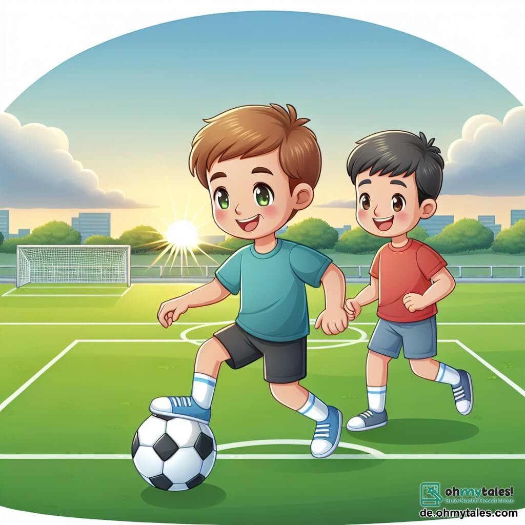 Une illustration destinée aux enfants représentant un jeune homme passionné de football, accompagné de son ami garçon, s'entraînant sur un grand terrain de football verdoyant sous le soleil levant.