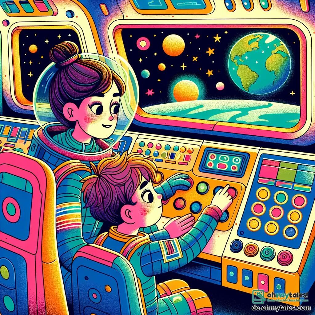 Une illustration sous forme de dessin destinée aux enfants représentant l'intérieur d'une capsule spatiale colorée, avec des panneaux de contrôle lumineux et des fenêtres donnant sur un ciel étoilé, où une femme astronaute souriante aux cheveux bruns attachés en chignon, portant une combinaison spatiale brillante, montre à un petit garçon aux yeux écarquillés et aux cheveux blonds en désordre comment appuyer sur des boutons colorés pour résoudre un problème technique, tandis qu'un globe terrestre bleu et vert est visible à travers la vitre, symbolisant leur mission de protection de la planète.