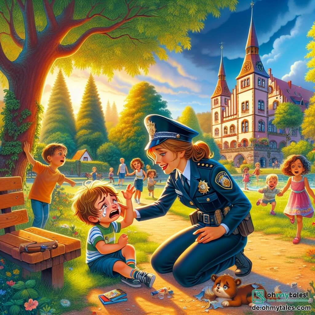 Illustration einer lebhaften Szene in einem sonnigen Park der kleinen Stadt Hohenfels. Der Park ist mit üppigem Grün gefüllt, majestätischen Bäumen mit glänzenden Blättern und einer schönen Holzbank, auf der Kinder spielen und lachen. Im Mittelpunkt der Szene kniet eine Polizeibeamtin mit braunen, zu einem Pferdeschwanz gebundenen Haaren in einer marineblauen Uniform mit einem glänzenden goldenen Abzeichen auf der Brust. Sie lächelt warm und streckt ihre Hand zu einem kleinen Jungen, der weint, um ihn zu trösten. Der etwa 6-jährige Junge hat zerzauste blonde Haare und tränenvolle Augen. Er hält einen zerfetzten Papierdrachen in den Händen und schaut hoffnungsvoll zur Polizistin. Neben ihm beobachtet ein etwa 7-jähriges Mädchen mit lockigen braunen Haaren und einem bunten Kleid die Szene bewundernd und ist bereit zu helfen. Die Hauptsituation zeigt die Polizistin, die den kleinen Jungen beruhigt und ihm verspricht, ihm zu helfen, seinen Papierdrachen zu finden, während andere Kinder neugierig näher kommen, um zu sehen, was passiert. Im Hintergrund spielt eine Gruppe von Kindern mit einem Ball, was der Illustration eine fröhliche und dynamische Atmosphäre verleiht. Sonnenstrahlen filtern durch die Äste der Bäume und schaffen eine warme und einladende Stimmung.