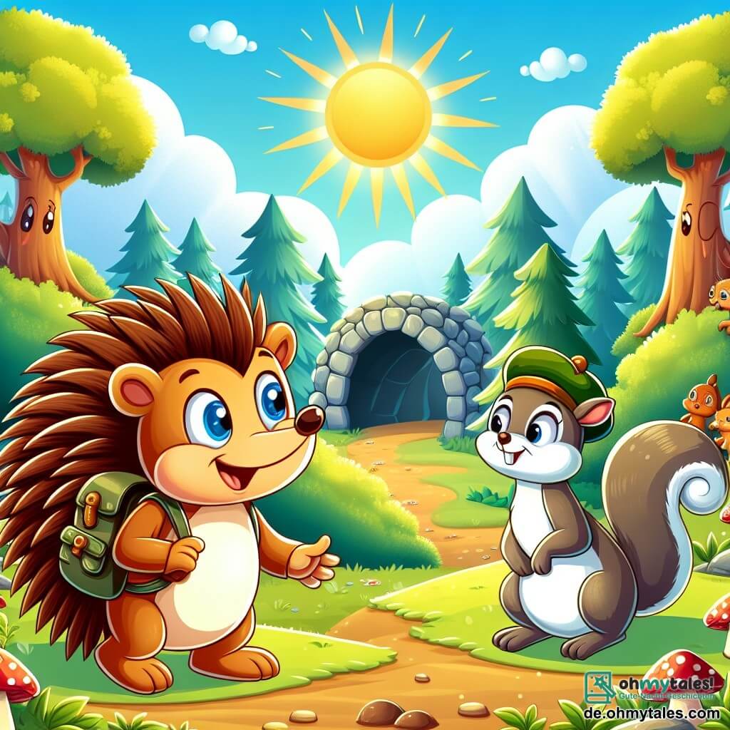Une illustration destinée aux enfants représentant un hérisson malicieux et curieux, un écureuil espiègle, se trouvant dans une clairière ensoleillée du bois enchanté, où une aventure amusante est sur le point de commencer.