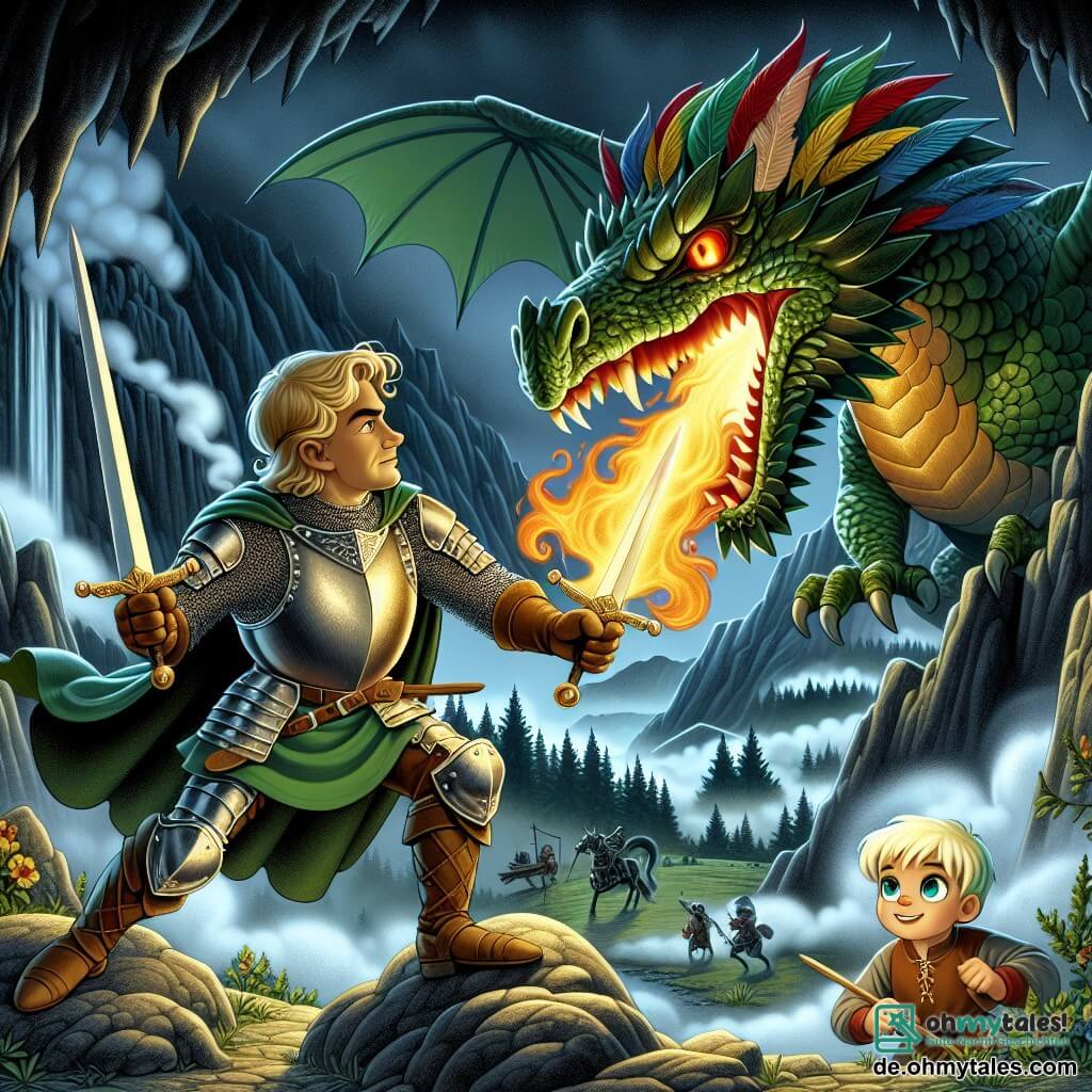 Illustration einer epischen Szene in einem dunklen Tal namens Dunkle Schlucht, umgeben von steilen Klippen und geheimnisvollem Nebel. In der Mitte steht ein mutiger Ritter, ein Mann in den Dreißigern, der eine glänzende Rüstung trägt, die im gedämpften Licht funkelt, mit einem Helm, der mit bunten Federn geschmückt ist. Er schwingt sein Schwert entschlossen, bereit, einem majestätischen Drachen mit grünen Schuppen und leuchtend roten Augen entgegenzutreten, der wütend brüllt. In der Nähe beobachtet ein etwa zehnjähriger Junge mit blonden Haaren und funkelnden Augen die Szene bewundernd, während er ein kleines Holzschild hält. Er trägt eine schlichte Tunika und scheint den Ritter begeistert anzufeuern. Die Hauptsituation zeigt den Ritter, der den Drachen herausfordert, während der Nebel um sie herum dichter wird und eine Atmosphäre von Spannung und Abenteuer schafft. Blitze aus dem Feueratem des Drachen erhellen die Gesichter der Charaktere. Im Hintergrund zeichnen sich Silhouetten friedlicher Dörfer ab, die an die Mission des Ritters erinnern, die Unschuldigen zu beschützen.