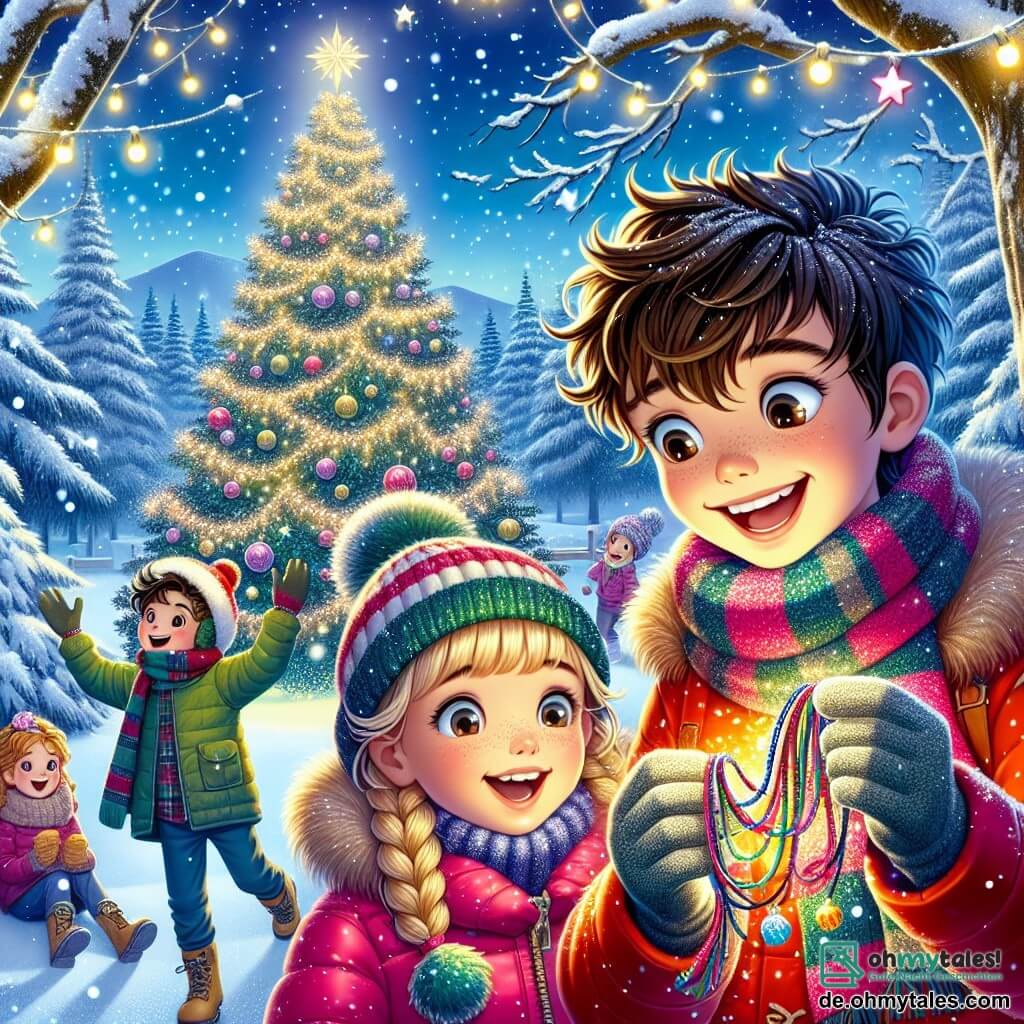 Illustration einer magischen Szene in einem verschneiten Wald. Der Boden ist mit einer dicken Schicht glitzernden Schnees bedeckt, während majestätische, schneebeladene Bäume rundherum aufragen, deren Äste mit Lichterketten geschmückt sind. Im Zentrum der Szene strahlt ein großer Weihnachtsbaum, dekoriert mit bunten Kugeln und funkelnden Sternen. Ein etwa 12-jähriger Junge mit zerzausten braunen Haaren und strahlendem Lächeln trägt einen leuchtend roten Mantel und einen gestreiften Schal. Er hält ein buntes Armband in den Händen, seine Augen funkeln vor Aufregung. Neben ihm steht ein etwa 11-jähriges Mädchen mit geflochtenen blonden Haaren, gekleidet in einer rosa Daunenjacke und Wollhandschuhen, das das Armband bewundernd betrachtet, ihr Gesicht strahlt vor Freude. Im Hintergrund lachen zwei andere Jungen, einer mit Brille und schwarzen Haaren, der andere mit blonden Haaren und einer Mütze, und sorgen für eine festliche Stimmung. Sanfte Schneeflocken fallen vom Himmel und verleihen der Szene einen Hauch von Magie. Die Atmosphäre ist warm und fröhlich und fängt den Geist von Weihnachten und Freundschaft ein.