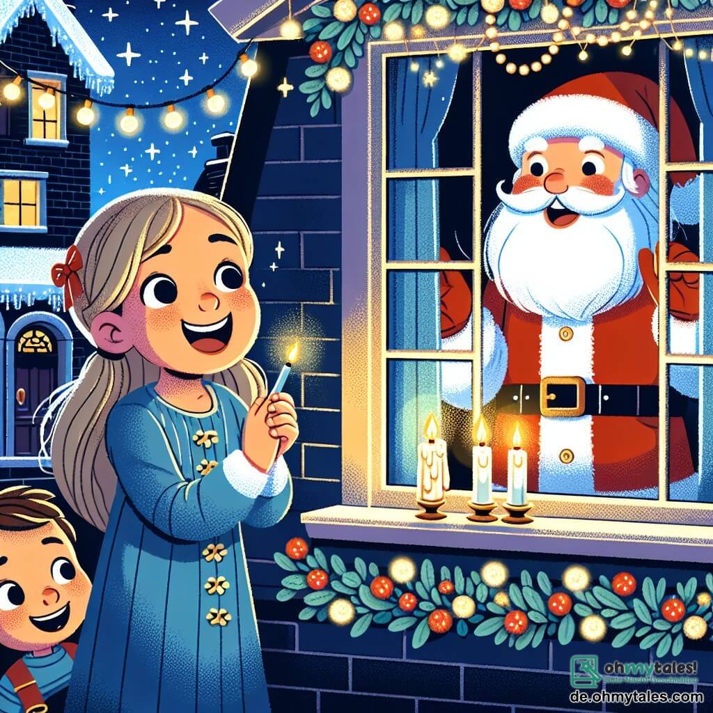 Une illustration destinée aux enfants représentant une fillette émerveillée par la visite surprise du Père Noël à sa fenêtre, accompagnée de son grand frère excité, dans une maison décorée de guirlandes scintillantes et de bougies scintillantes, avec un ciel étoilé en arrière-plan.