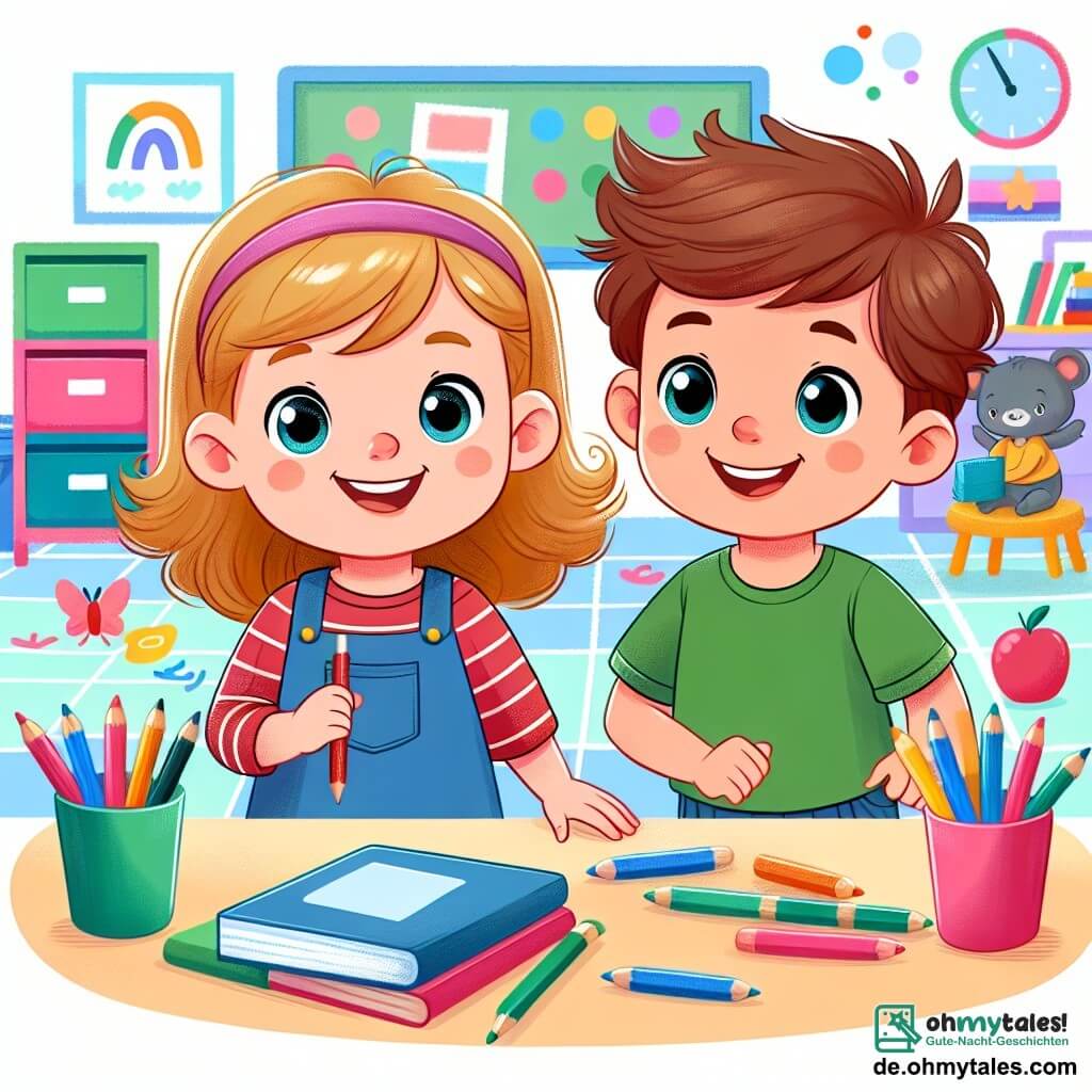 Une illustration destinée aux enfants représentant une petite fille curieuse et joyeuse, accompagnée de son meilleur ami, un garçon espiègle aux cheveux hirsutes, explorant ensemble une salle de classe colorée et pleine de livres, de crayons et de jouets éparpillés.