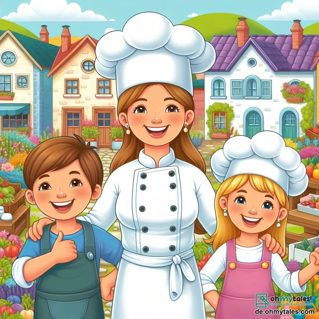 Une illustration destinée aux enfants représentant une femme chef cuisinière renommée, accompagnée d'un frère et d'une sœur enthousiastes, dans un village pittoresque entouré de maisons colorées et de jardins fleuris.