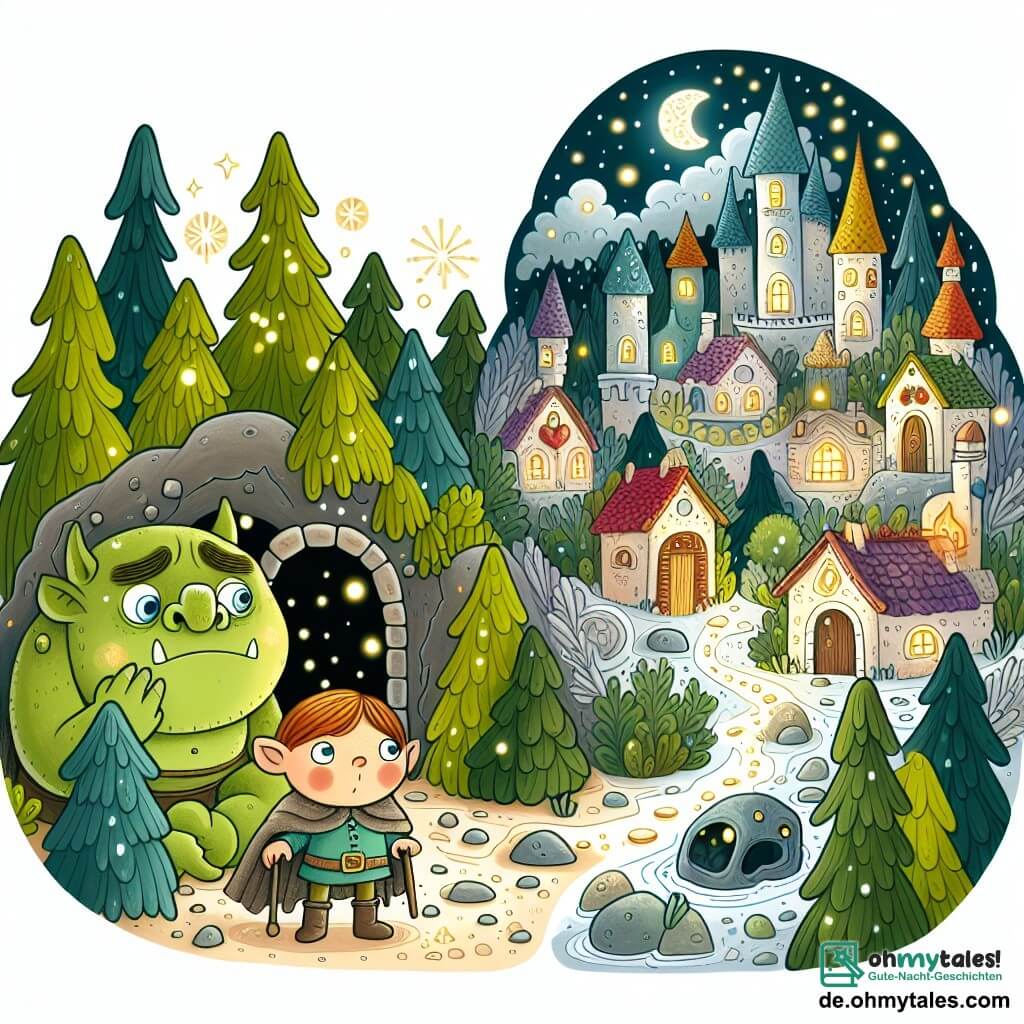 Une illustration destinée aux enfants représentant un petit ogre vert et triste, un garçon courageux, un village magique aux maisons colorées et aux lumières scintillantes, et une grotte mystérieuse dans la forêt enchantée.