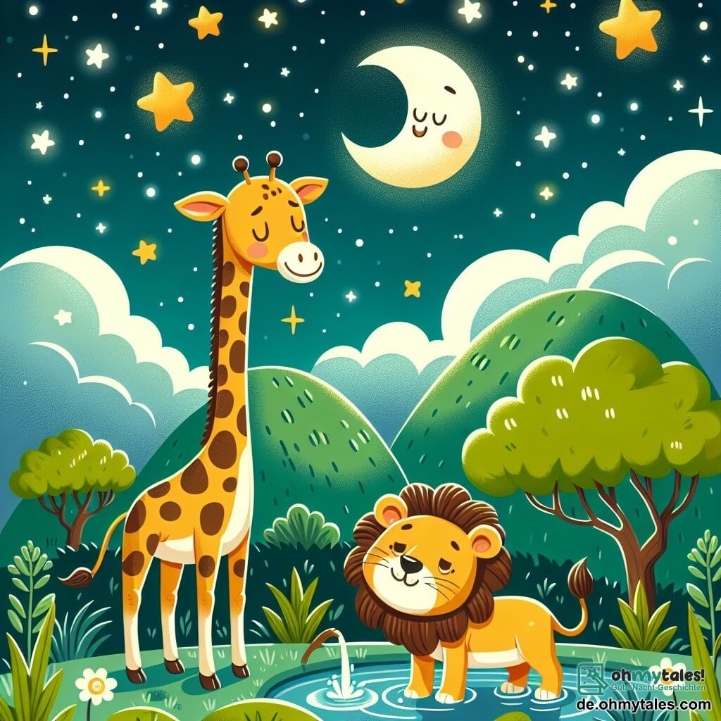 Illustration eines großen, prächtigen, grünen Hügels unter einem sternenklaren Himmel, beleuchtet vom sanften Licht des Mondes. Auf dem Gipfel des Hügels hebt eine Giraffe mit langem Hals und gelb-braun geflecktem Fell ihren Kopf zu den funkelnden Sternen, ihre großen Augen voller Staunen. Neben ihr spielt ein goldfarbener Löwe mit einer flammenden Mähne und einem schelmischen Lächeln im nahen Teich und spritzt Wasser. Die Giraffe lacht fröhlich, während der Löwe lustige Geräusche macht, was eine Atmosphäre der Freude und Kameradschaft schafft. Helle Sterne und leichte Wolken schweben am Himmel und verleihen dieser nächtlichen Szene einen magischen Touch.
