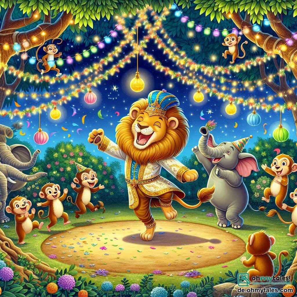 Eine Illustration zeigt eine verzauberte Lichtung im Herzen eines Zoos, beleuchtet von bunten Lichterketten, die an den Ästen der Bäume hängen. In der Mitte tanzt ein majestätischer Löwe mit goldenem Fell und einem eleganten blauen Hut fröhlich auf seinen Hinterbeinen, mit einem breiten Lächeln im Gesicht. Um ihn herum jubeln Tiere aller Art, wie eine graue Elefantin mit großen Ohren, die begeistert applaudiert, und braune Affen, die vor Freude springen und eine festliche Atmosphäre schaffen. Im Hintergrund verleihen blühende Bäume und Sträucher der Szene einen Hauch von Magie, während ein funkelnder Sternenhimmel darüber schimmert und diese lebhafte und fröhliche Festtagsstimmung ergänzt. Bunte Früchte und schwebende Ballons sind über den Boden verstreut und tragen zur Feierlichkeit bei.