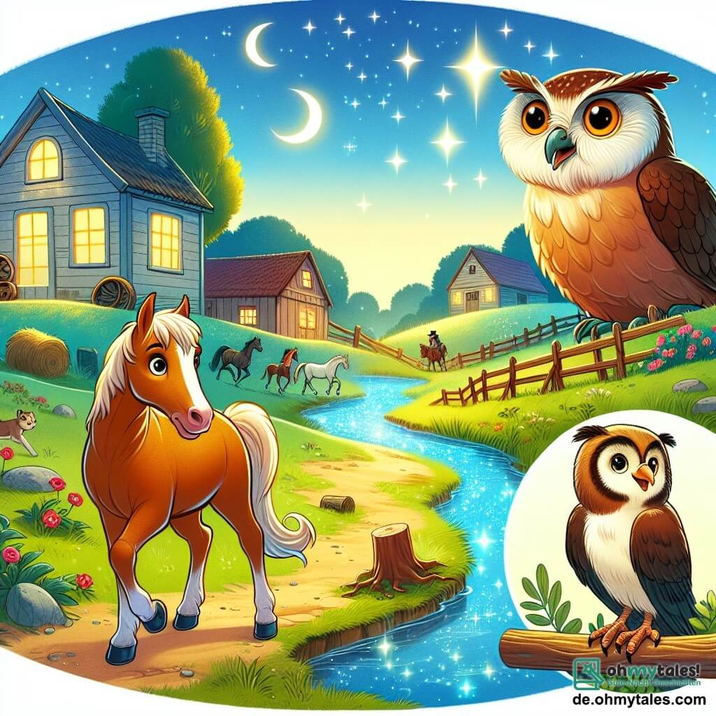 Une illustration destinée aux enfants représentant un jeune cheval courageux, une vieille chouette sage, dans un village pittoresque au bord d'un ruisseau scintillant.