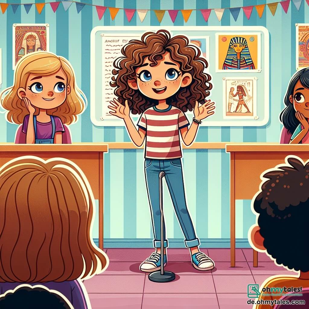 Une illustration sous forme de dessin destinée aux enfants représentant une salle de classe lumineuse avec des affiches colorées sur les murs, où une fille de 11 ans aux cheveux bouclés et bruns, portant un t-shirt à rayures et un pantalon en jean, se tient devant ses camarades, les mains légèrement tremblantes mais avec un sourire déterminé, tandis que sa meilleure amie, une fille aux cheveux blonds et lisses, l'encourage avec un regard admiratif, alors qu'elle présente fièrement son projet sur les anciens Égyptiens, illustrant ainsi le thème de la confiance en soi.