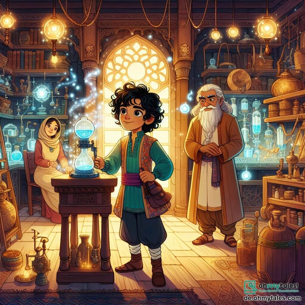 Illustration destinée aux enfants représentant un jeune homme aux cheveux noirs et bouclés, vêtu d'une tunique colorée et d'un pantalon ample, se tenant au centre d'un laboratoire magique rempli de machines étincelantes et d'inventions étonnantes. Des étagères en bois sont chargées de livres anciens et d'outils brillants, tandis qu'une grande fenêtre laisse entrer la lumière du soleil, illuminant la pièce d'une lueur dorée. À ses côtés, une femme au sourire chaleureux, portant une robe simple et un foulard, l'encourage avec fierté, tandis qu'un vieux sage à la barbe blanche, vêtu d'une tunique usée, observe avec un regard mystérieux. Le jeune homme, concentré et inspiré, ajuste une machine qui purifie l'air, symbolisant son rêve de rendre le monde meilleur. Des éclats de lumière et des bulles de magie flottent autour de lui, ajoutant une touche féerique à cette scène de créativité et d'innovation.