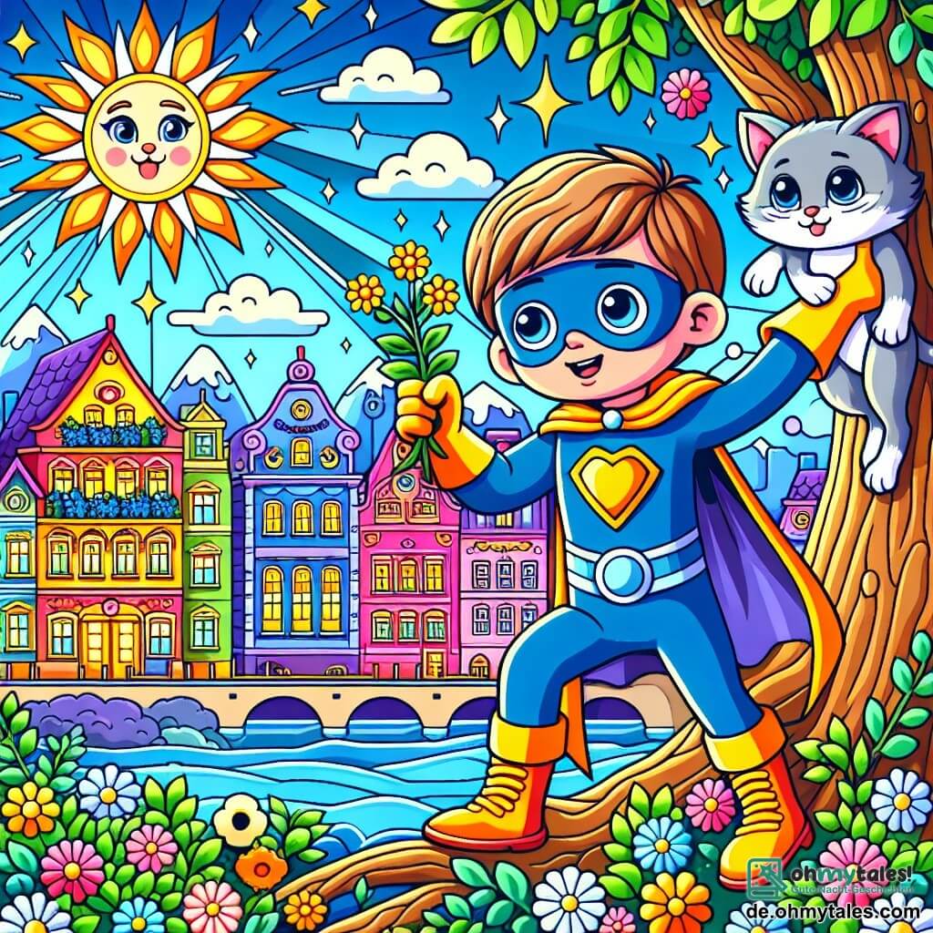 Une illustration destinée aux enfants représentant un super-héros courageux (garçon) sauvant un petit chaton (fille) coincé dans un arbre, dans la ville lumineuse de Sonnenschein où les maisons sont colorées et les fleurs toujours en pleine floraison.
