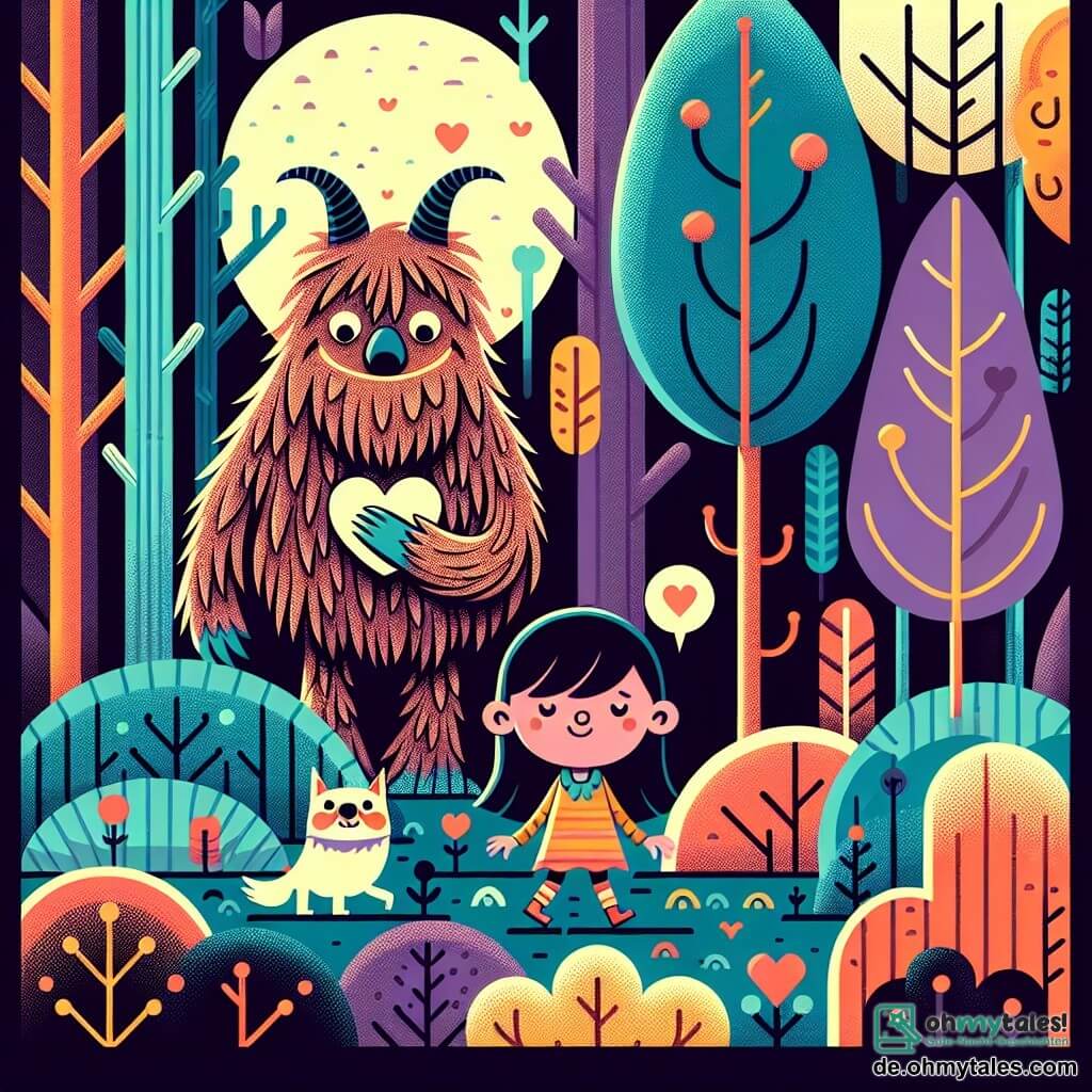 Une illustration destinée aux enfants représentant un monstre zottelig avec un cœur en or, une fille perdue dans la forêt magique, un ami fidèle, un grand et sombre bois aux arbres géants aux feuilles multicolores brillantes touchant le ciel.
