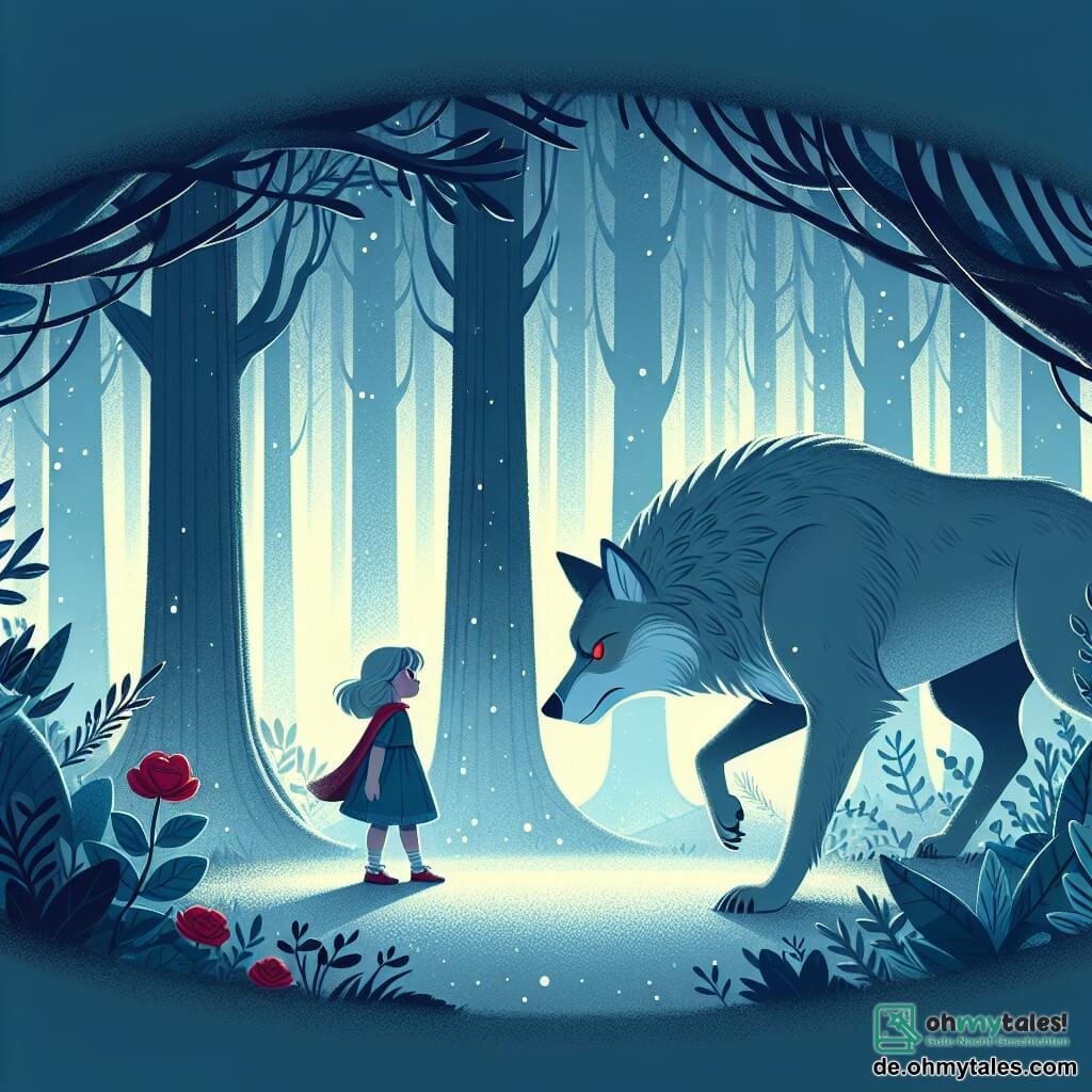 Une illustration destinée aux enfants représentant une petite fille courageuse confrontée à un grand méchant loup menaçant dans une clairière enchantée de la forêt.