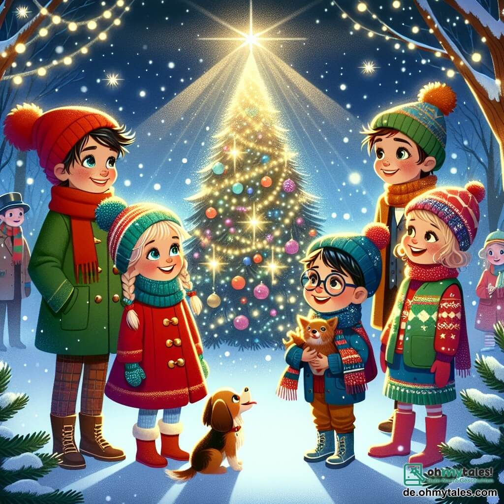Illustration einer magischen Szene im verschneiten Wald, wo ein großer Weihnachtsbaum in tausend Lichtern funkelt, umgeben von sanft fallenden Schneeflocken. Im Vordergrund steht eine Gruppe von vier Kindern zusammen, deren Gesichter vor Aufregung strahlen. Das erste Kind, ein 11-jähriger Junge mit braunen Haaren und funkelnden Augen, trägt einen leuchtend roten Mantel und eine Wollmütze. Er hält einen kleinen Hund in seinen Armen und schaut ihn liebevoll an. Neben ihm steht ein 10-jähriges Mädchen mit blonden Zöpfen, das fröhlich lächelt und einen bunten Schal sowie einen blauen Mantel trägt. Hinter ihnen beobachtet ein 11-jähriger Junge mit Brille und schwarzen Haaren, der einen grünen Pullover trägt, mit Staunen. Links von ihm sitzt ein 12-jähriger Junge im Rollstuhl, der strahlend lächelt und einen Weihnachtsmusterschpullover trägt. Die Szene zeigt den Moment, in dem die Kinder das Überraschungsgeschenk für ein anderes Kind, einen kleinen Hund, entdecken, was den Geist von Weihnachten und die Freude am Geben symbolisiert. Im Hintergrund tanzen schelmische Elfen um den Baum und verleihen der Szene einen Hauch von Magie, während Sterne am Nachthimmel funkeln.