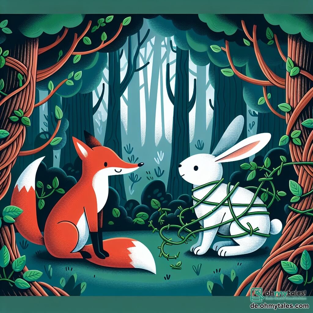 Une illustration destinée aux enfants représentant un rusé renard roux se trouvant face à un lapin blanc pris au piège dans un réseau de ronces, dans un mystérieux et dense bois vert aux arbres centenaires.