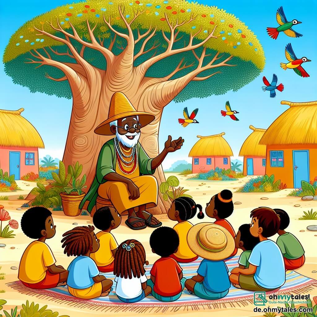 Une illustration sous forme de dessin destinée aux enfants représentant un petit village africain vibrant de couleurs, avec des maisons en terre cuite et des arbres verdoyants en arrière-plan ; un homme sage au sourire chaleureux, portant une tunique traditionnelle et assis sous un grand baobab, entouré de jeunes enfants curieux, dont une fille aux cheveux tressés et un garçon avec un chapeau en paille, tous écoutant attentivement l'histoire que l'homme raconte sur l'importance de la gentillesse et de l'amitié, tandis que des oiseaux colorés volent dans le ciel bleu.