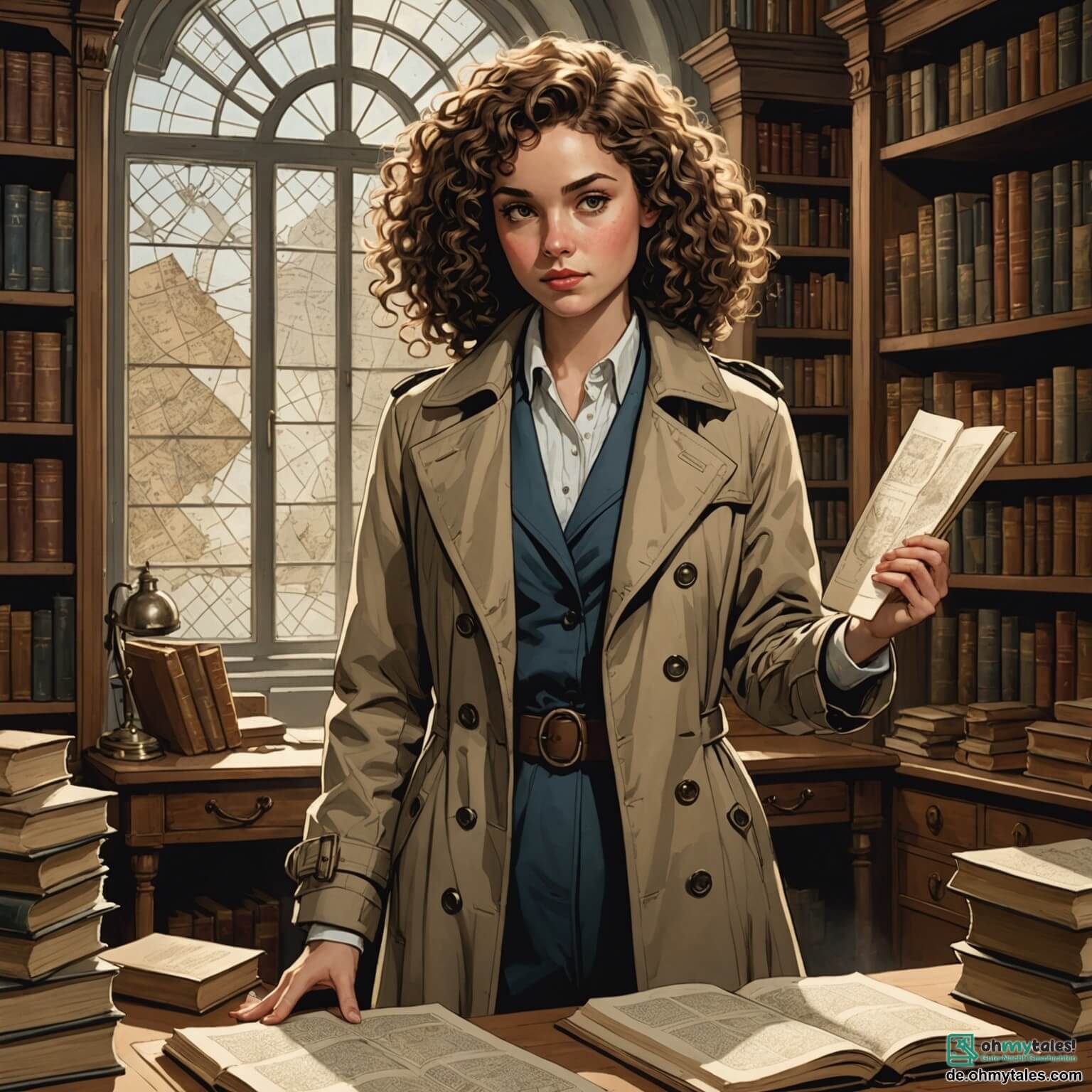 Une illustration destinée aux enfants représentant une jeune femme au regard pétillant et déterminé, avec des cheveux bouclés et un trench-coat élégant, se tenant fièrement dans son bureau rempli de livres anciens et de cartes mystérieuses, où la lumière du soleil filtre à travers les rideaux en dentelle, tandis qu'elle se prépare à résoudre le mystère d'un vol audacieux dans un musée local, entourée de son meilleur ami, un garçon espiègle au sourire malicieux, et d'une nouvelle amie, une fille courageuse aux longs cheveux bruns, tous deux impatients d'explorer les secrets cachés de la ville pittoresque de Sonnenburg, où les ruelles pavées serpentent entre des maisons colorées ornées de fleurs éclatantes et où l'air embaume le parfum des gâteaux fraîchement cuits.