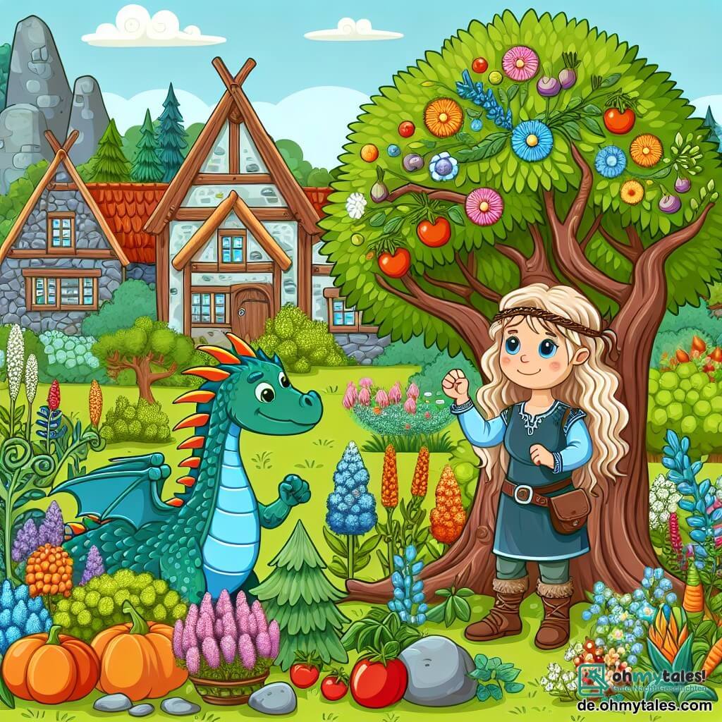 Une illustration destinée aux enfants représentant une femme courageuse se tenant devant un arbre magique, accompagnée d'un dragon amical, dans un jardin luxuriant rempli de fleurs colorées, de légumes savoureux et d'arbres majestueux, situé aux abords d'un petit village pittoresque.