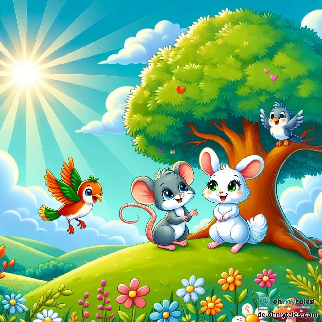 Eine Illustration zeigt einen majestätischen großen Baum auf einem grünen Hügel, umgeben von bunten Blumen und kleinen Waldbewohnern. Der Himmel strahlt in leuchtendem Blau, gesprenkelt mit flauschigen weißen Wolken. 

Oben auf dem Baum sitzt eine kleine graue Maus, weiblich, mit großen glänzenden Augen und runden Ohren, die staunend die Landschaft betrachtet. Neben ihr hüpft ein junger weißer Hase, weiblich, mit großen Pfoten und langen Ohren, fröhlich mit einem Lächeln. Ein bunten Vogel, ebenfalls weiblich, mit roten und gelben Federn, fliegt um sie herum und singt fröhlich. 

Die drei Freundinnen sind oben auf dem Baum versammelt und bewundern die atemberaubende Aussicht. Sie zeigen ihre Freude und ihr Staunen über die Schönheit der Natur, was die Bedeutung von Freundschaft und gemeinsamen Abenteuern symbolisiert. Im Hintergrund beleuchten Sonnenstrahlen die Szene und schaffen eine warme, fröhliche Atmosphäre.