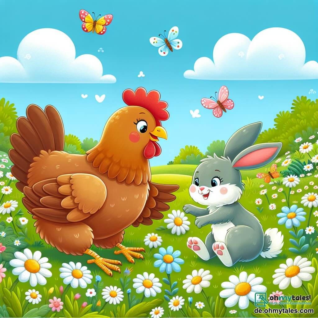 Une illustration destinée aux enfants représentant une poule espiègle en train de jouer à cache-cache avec un lapin malicieux dans une prairie luxuriante, parsemée de marguerites et de papillons colorés.