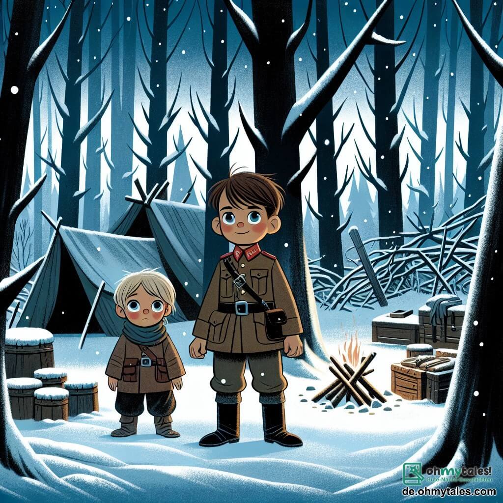 Une illustration destinée aux enfants représentant un jeune garçon courageux se tenant au milieu d'une forêt sombre et enneigée, accompagné d'un petit garçon aux yeux brillants, vêtu de haillons, dans un campement militaire improvisé sous de grands arbres dénudés par l'hiver.