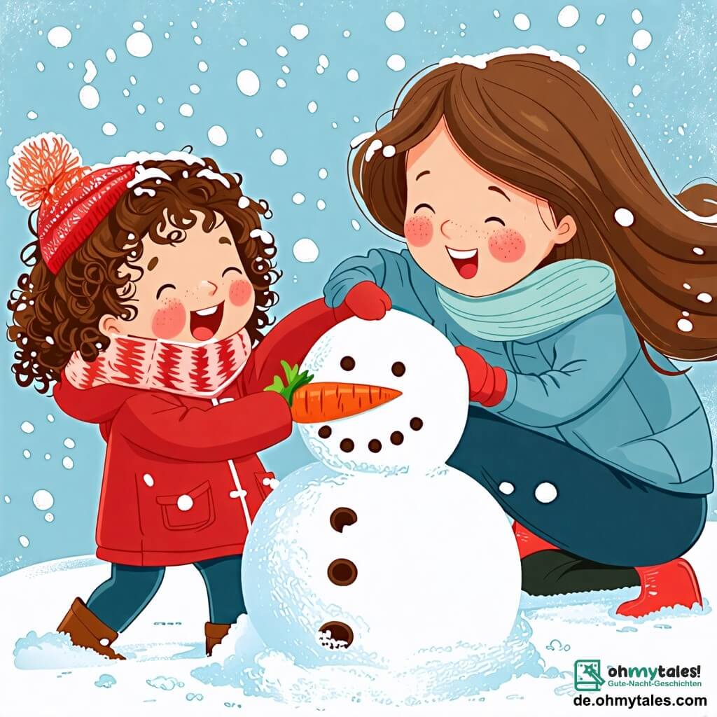 Une illustration sous forme de dessin destinée aux enfants représentant un paysage hivernal féérique avec des flocons de neige tombant doucement, au premier plan une petite fille de 2 ans aux cheveux bouclés et aux joues roses, vêtue d'un manteau rouge vif, qui rit en roulant un gros boule de neige pour construire un bonhomme de neige, tandis qu'en arrière-plan, sa maman, une femme souriante aux cheveux châtains, l'aide en plaçant une carotte sur la tête du bonhomme de neige, créant une atmosphère joyeuse et ludique.