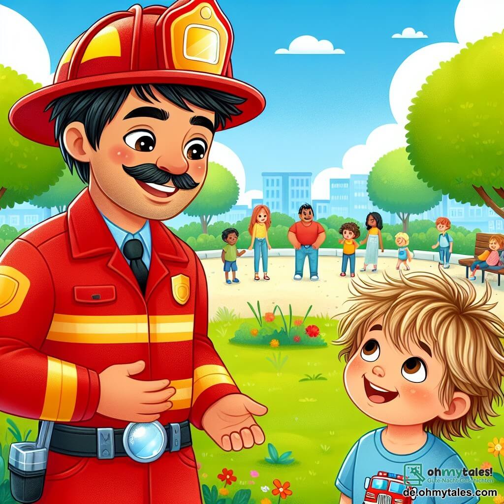 Illustration eines sonnigen Parks mit grünen Bäumen und bunten Blumen. In der Mitte steht ein Mann in roter Feuerwehruniform, der einen großen, glänzenden Helm trägt und herzlich lächelt. Er hat braune Haare und einen Schnurrbart, eine Hand auf der Hüfte und die andere ausgestreckt zu einem kleinen Jungen. Der Junge, etwa sechs Jahre alt, hat zerzauste blonde Haare und trägt ein blaues T-Shirt mit einem Feuerwehrwagen-Motiv. Er schaut den Mann mit weit aufgerissenen Augen voller Bewunderung und Aufregung an. Die Szene zeigt den Feuerwehrmann, der dem Jungen seinen Beruf erklärt, während dieser davon träumt, eines Tages Feuerwehrmann zu werden. Im Hintergrund spielt eine kleine Gruppe von Kindern und auf einer Bank diskutieren Eltern, was eine fröhliche und lebhafte Atmosphäre im Park schafft. Der Himmel ist blau mit einigen weißen Wolken, und ein Vogel fliegt darüber, was Freiheit und Abenteuer symbolisiert.
