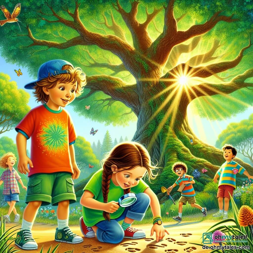 Illustration destinée aux enfants représentant une scène vibrante dans un parc ensoleillé, où une majestueuse grande chêne se dresse au centre, ses feuilles vertes dansant doucement au gré du vent. Au premier plan, une fille de 7 ans, aux longs cheveux bruns tressés, porte un t-shirt coloré et un short, agenouillée sur le sol, examinant attentivement des empreintes de pas dans le sable avec une loupe, son visage illuminé par la curiosité. À ses côtés, un garçon de 8 ans, avec un t-shirt rouge et une casquette bleue, regarde avec intérêt, tandis qu'un autre garçon, un peu plus grand, aux cheveux blonds en désordre, se tient en arrière-plan, tenant un petit outil de jardinage, l'air intrigué. L'atmosphère est pleine d'excitation et de mystère, avec des oiseaux chantant dans les arbres et des enfants jouant au loin, créant une ambiance d'aventure et d'amitié.